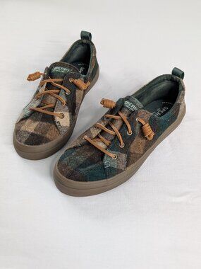 Sperry Crest Vibe Wool Green Brown Plaid Leather Lace Up Sneakers Boat Shoes